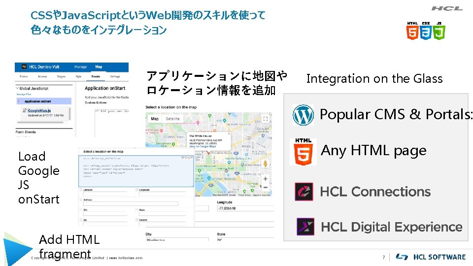 CSSやJava. ScriptというWeb開発のスキルを使って 色々なものをインテグレーション アプリケーションに地図や ロケーション情報を追加 Integration on the Glass Popular CMS & Portals: Load