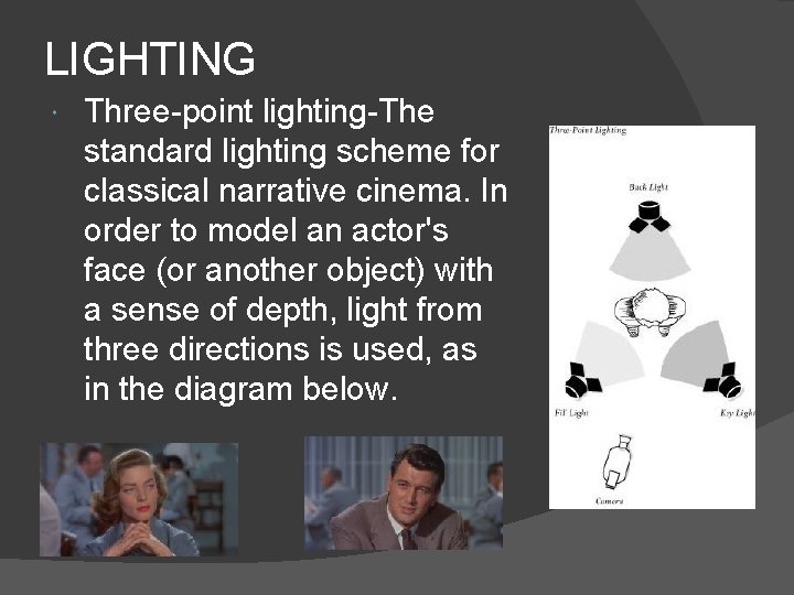 LIGHTING Three-point lighting-The standard lighting scheme for classical narrative cinema. In order to model
