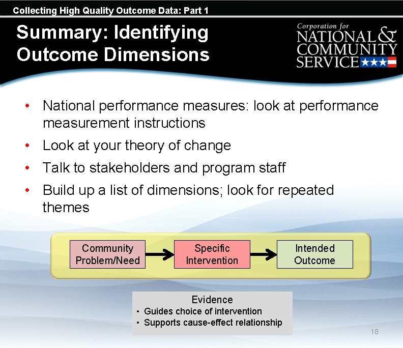 Collecting High Quality Outcome Data: Part 1 Summary: Identifying Outcome Dimensions • National performance