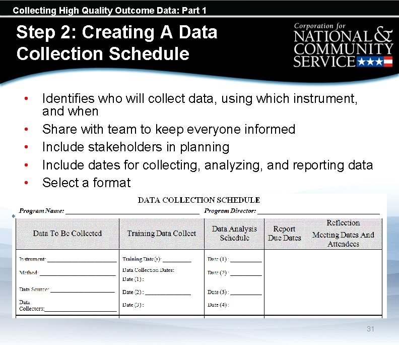 Collecting High Quality Outcome Data: Part 1 Step 2: Creating A Data Collection Schedule