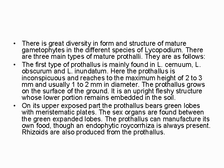  • There is great diversity in form and structure of mature gametophytes in