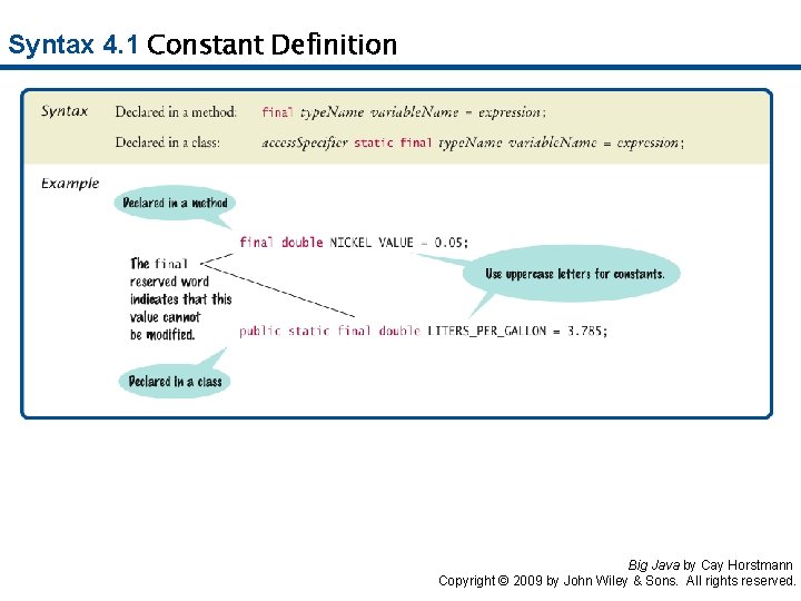 Syntax 4. 1 Constant Definition Big Java by Cay Horstmann Copyright © 2009 by