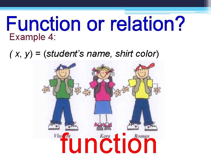 Example 4: ( x, y) = (student’s name, shirt color) function 