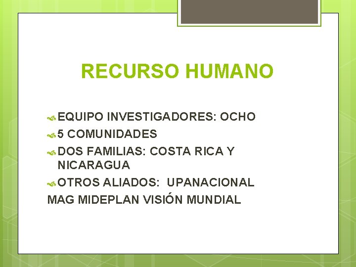 RECURSO HUMANO EQUIPO INVESTIGADORES: OCHO 5 COMUNIDADES DOS FAMILIAS: COSTA RICA Y NICARAGUA OTROS
