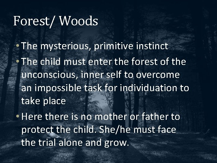 Forest/ Woods • The mysterious, primitive instinct • The child must enter the forest