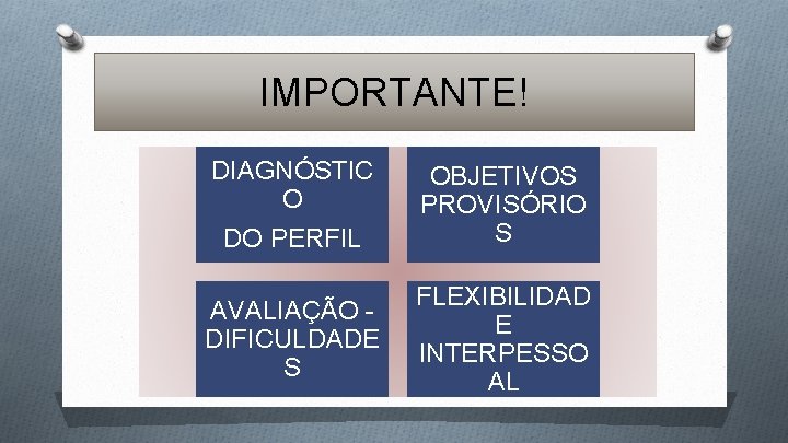 IMPORTANTE! DIAGNÓSTIC O DO PERFIL OBJETIVOS PROVISÓRIO S AVALIAÇÃO DIFICULDADE S FLEXIBILIDAD E INTERPESSO