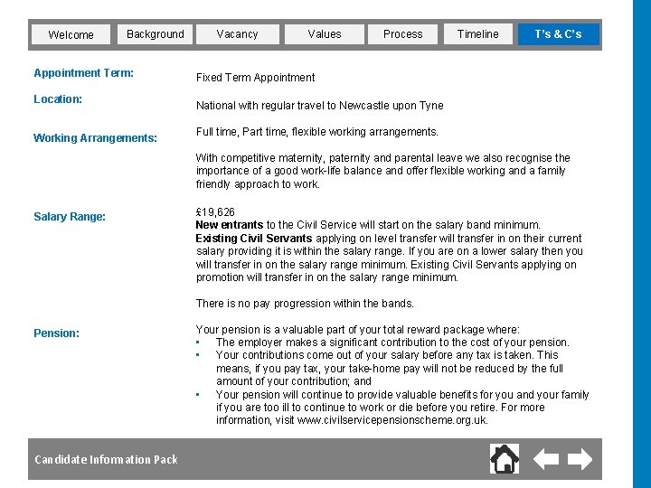 Welcome Background Appointment Term: Location: Working Arrangements: Vacancy Values Process Timeline T’s & C’s