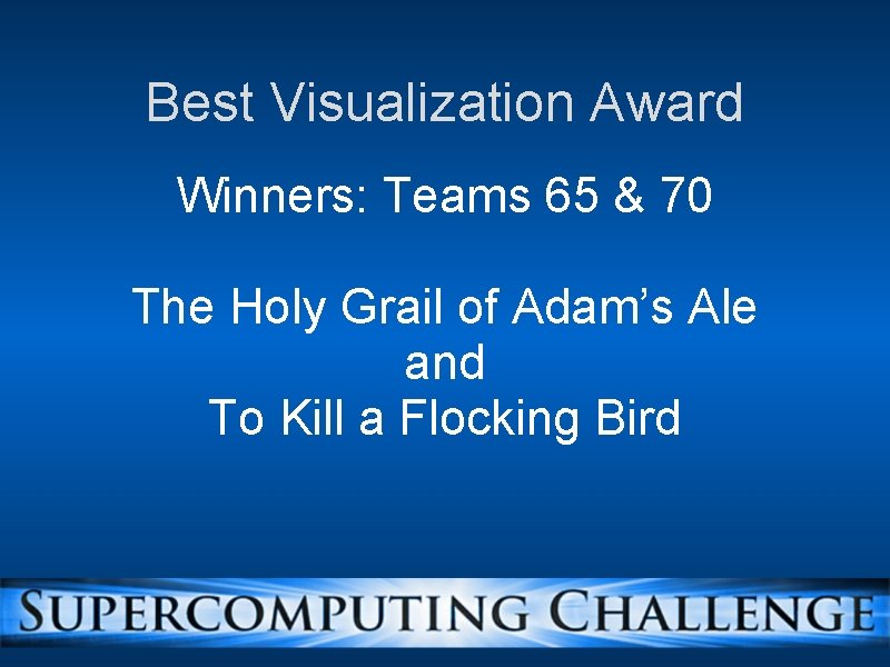 Best Visualization Award Winners: Teams 65 & 70 The Holy Grail of Adam’s Ale