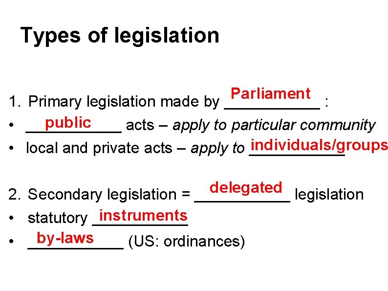 types of legislation Types of legislation Parliament 1. Primary legislation made by ______ :