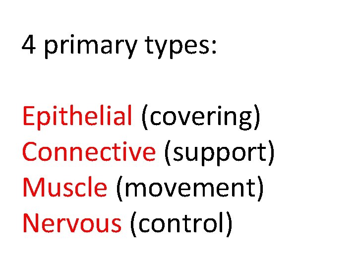 4 primary types: Epithelial (covering) Connective (support) Muscle (movement) Nervous (control) 