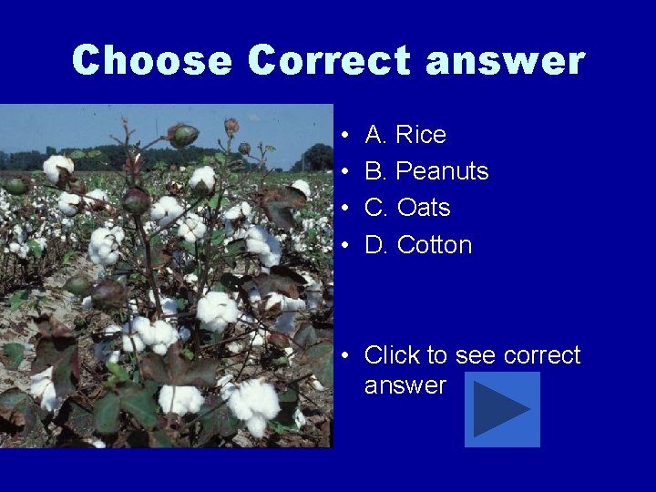 Choose Correct answer • • A. Rice B. Peanuts C. Oats D. Cotton •