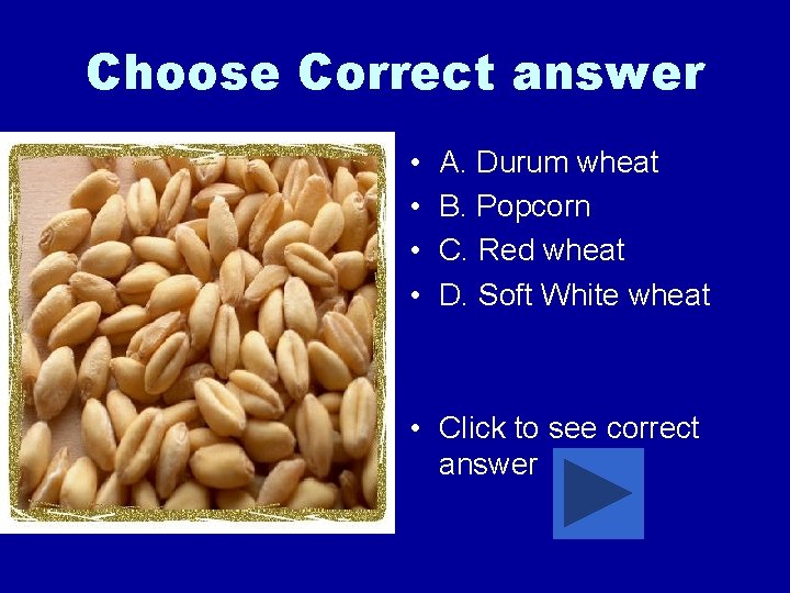 Choose Correct answer • • A. Durum wheat B. Popcorn C. Red wheat D.