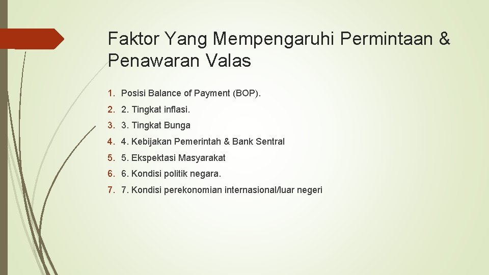 Faktor Yang Mempengaruhi Permintaan & Penawaran Valas 1. Posisi Balance of Payment (BOP). 2. Faktor Yang Mempengaruhi Permintaan & Penawaran Valas 1. Posisi Balance of Payment (BOP). 2.