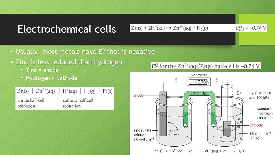 Electrochemical cells • Usually, most metals have Eθ that is negative • Zinc is