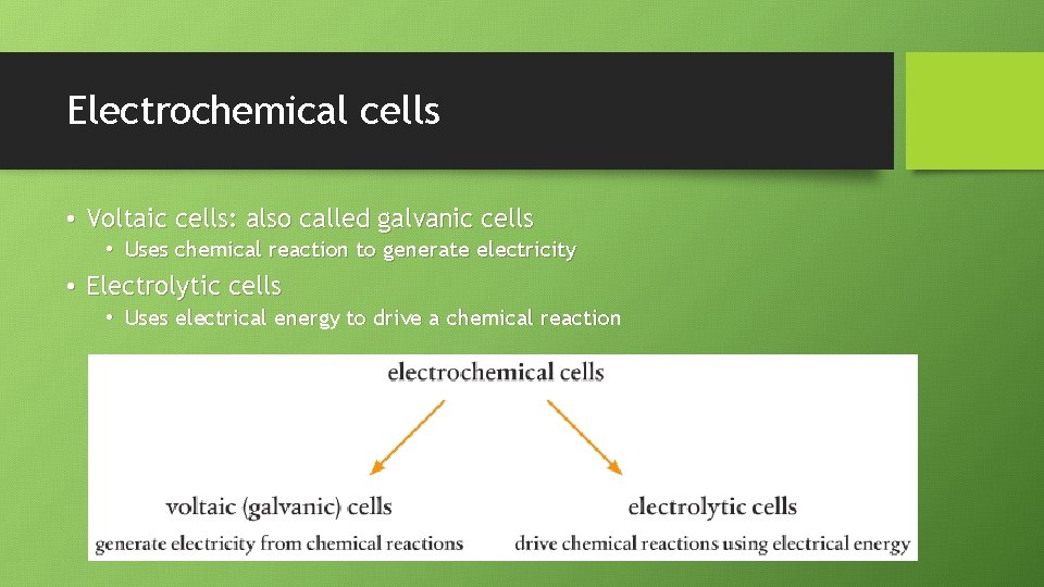 Electrochemical cells • Voltaic cells: also called galvanic cells • Uses chemical reaction to