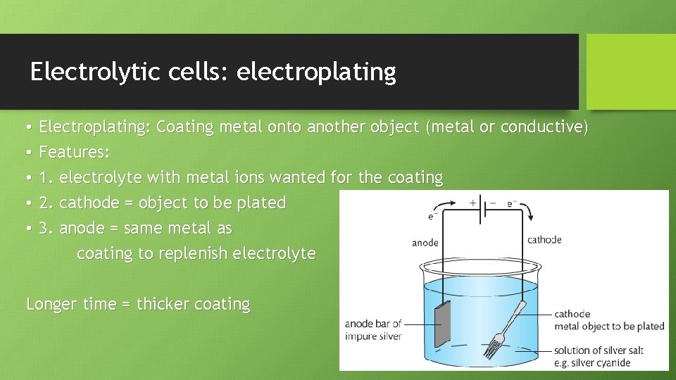 Electrolytic cells: electroplating • • • Electroplating: Coating metal onto another object (metal or