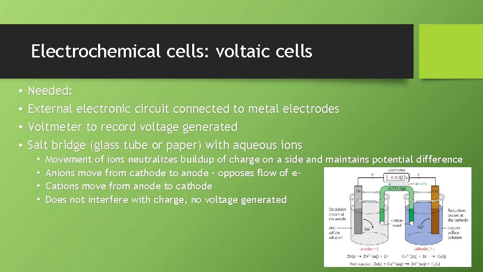 Electrochemical cells: voltaic cells • • Needed: External electronic circuit connected to metal electrodes