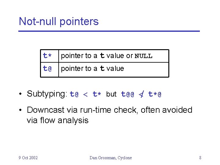 Not-null pointers t* pointer to a t value or NULL t@ pointer to a