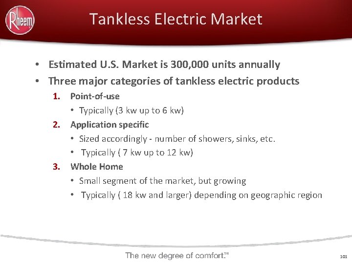 Tankless Electric Market • Estimated U. S. Market is 300, 000 units annually •