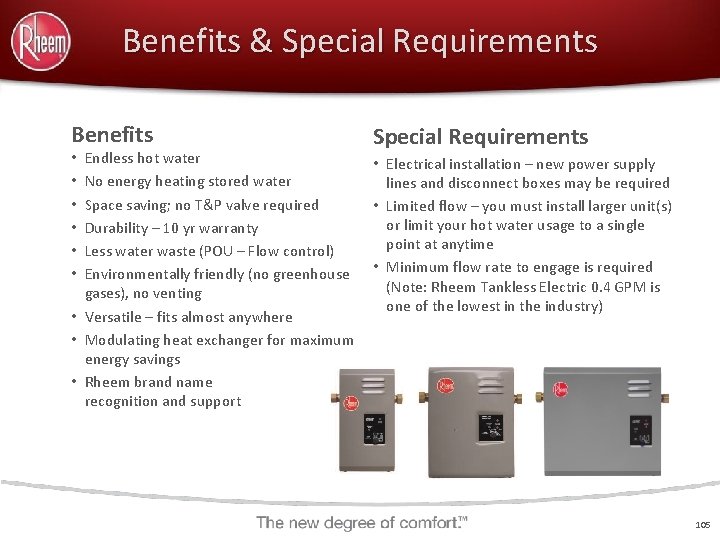 Benefits & Special Requirements Benefits Endless hot water No energy heating stored water Space