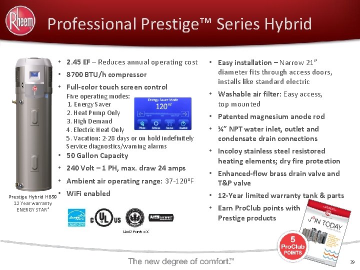 Professional Prestige™ Series Hybrid • 2. 45 EF – Reduces annual operating cost •
