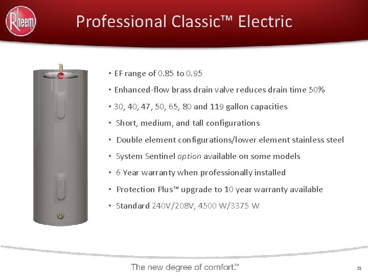 Professional Classic™ Electric • EF range of 0. 85 to 0. 95 • Enhanced-flow