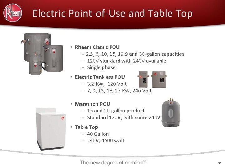 Electric Point-of-Use and Table Top • Rheem Classic POU – 2. 5, 6, 10,