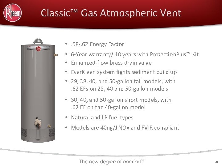 Classic™ Gas Atmospheric Vent • . 58 -. 62 Energy Factor • • 6