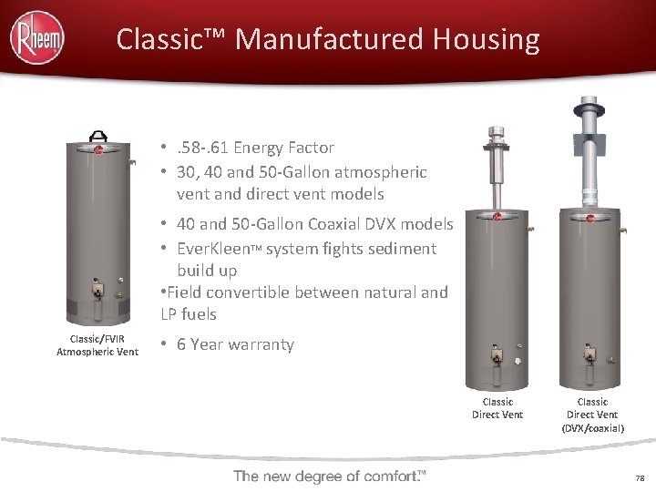 Classic™ Manufactured Housing • . 58 -. 61 Energy Factor • 30, 40 and