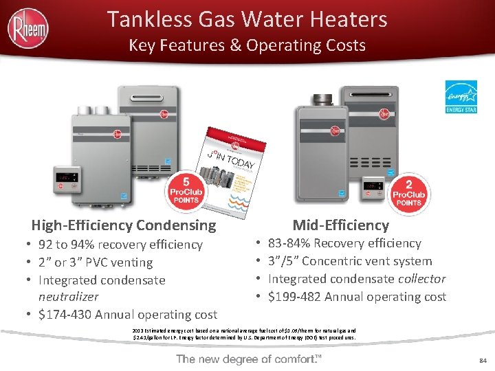 Tankless Gas Water Heaters Key Features & Operating Costs High-Efficiency Condensing • 92 to
