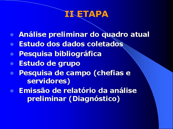 II ETAPA l l l Análise preliminar do quadro atual Estudo dos dados coletados