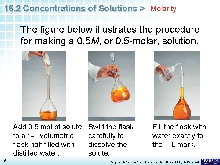 16. 2 Concentrations of Solutions > Molarity The figure below illustrates the procedure for