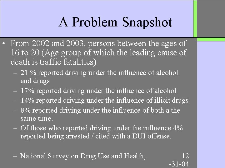 A Problem Snapshot • From 2002 and 2003, persons between the ages of 16