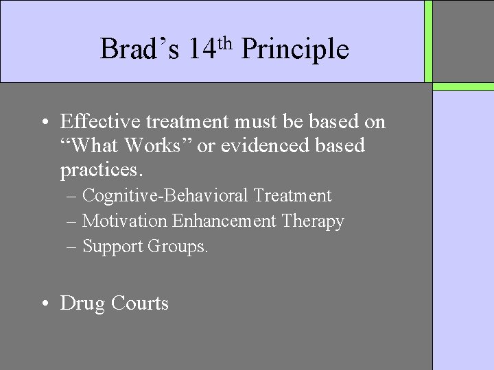 Brad’s th 14 Principle • Effective treatment must be based on “What Works” or