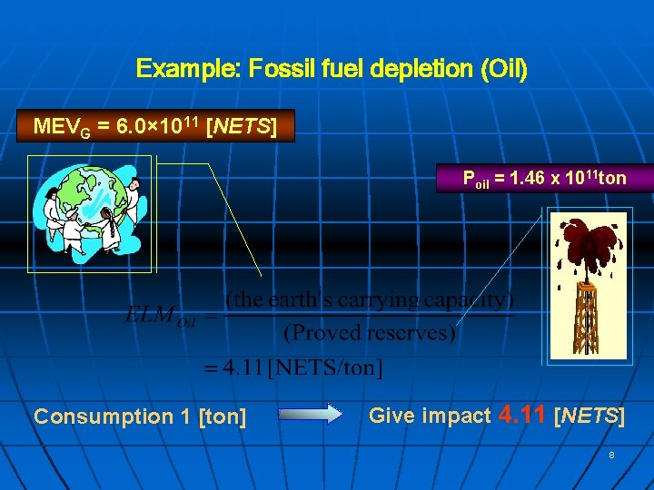 Example: Fossil fuel depletion (Oil) MEVG = 6. 0× 1011 [NETS] Poil = 1.