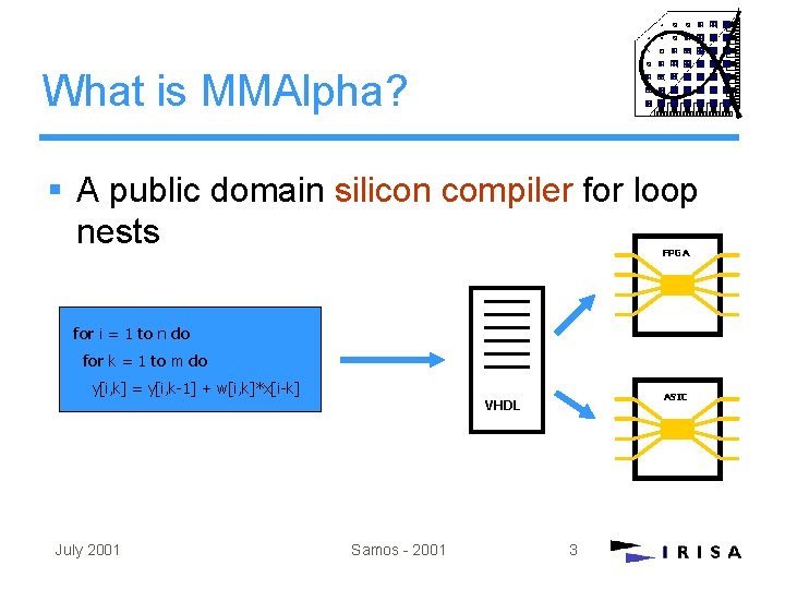 What is MMAlpha? § A public domain silicon compiler for loop nests FPGA for What is MMAlpha? § A public domain silicon compiler for loop nests FPGA for
