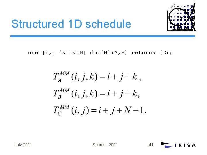 Structured 1 D schedule use {i, j|1<=i<=N} dot[N](A, B) returns (C); July 2001 Samos