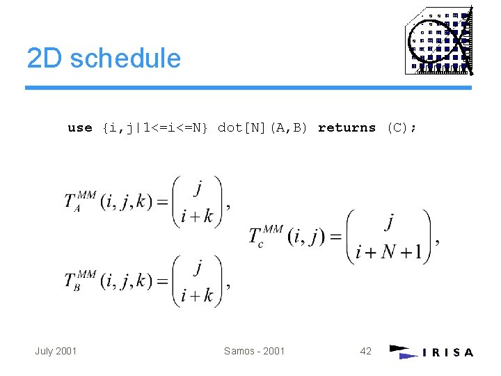 2 D schedule use {i, j|1<=i<=N} dot[N](A, B) returns (C); July 2001 Samos -