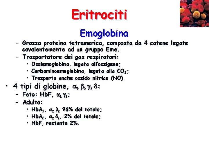 Eritrociti Emoglobina – Grossa proteina tetramerica, composta da 4 catene legate covalentemente ad un