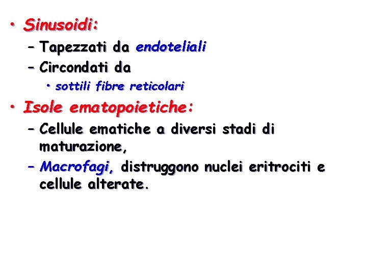  • Sinusoidi: – Tapezzati da endoteliali – Circondati da • sottili fibre reticolari