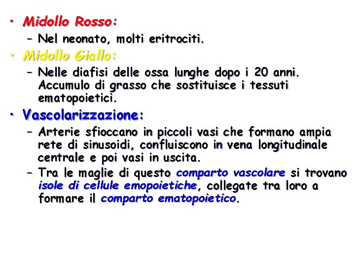  • Midollo Rosso: – Nel neonato, molti eritrociti. • Midollo Giallo: – Nelle