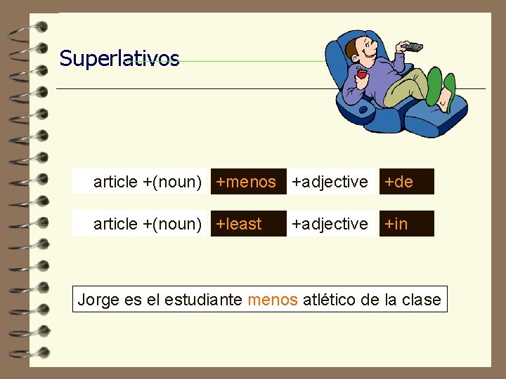 Superlativos article +(noun) +menos +adjective +de article +(noun) +least +adjective +in Jorge es el