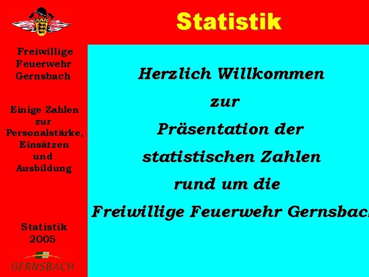 Statistik Freiwillige Feuerwehr Gernsbach Einige Zahlen zur Personalstärke, Einsätzen und Ausbildung Herzlich Willkommen zur