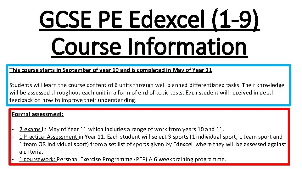 GCSE PE Edexcel (1 -9) Course Information This course starts in September of year GCSE PE Edexcel (1 -9) Course Information This course starts in September of year