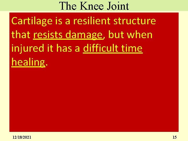 The Knee Joint Cartilage is a resilient structure that resists damage, but when injured