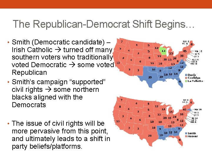 The Republican-Democrat Shift Begins… • Smith (Democratic candidate) – Irish Catholic turned off many