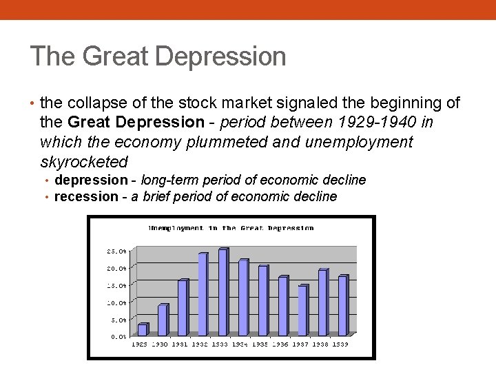 The Great Depression • the collapse of the stock market signaled the beginning of