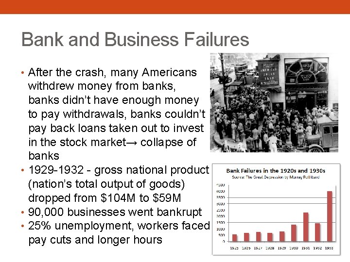 Bank and Business Failures • After the crash, many Americans withdrew money from banks,