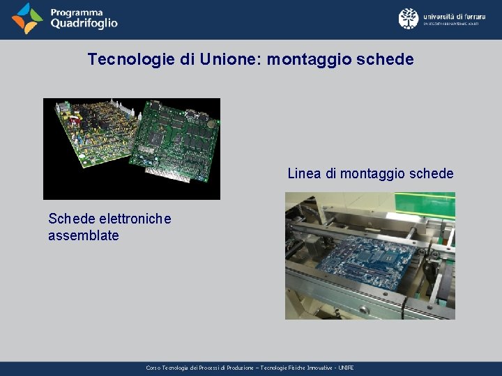 Tecnologie di Unione: montaggio schede Linea di montaggio schede Schede elettroniche assemblate Corso Tecnologia