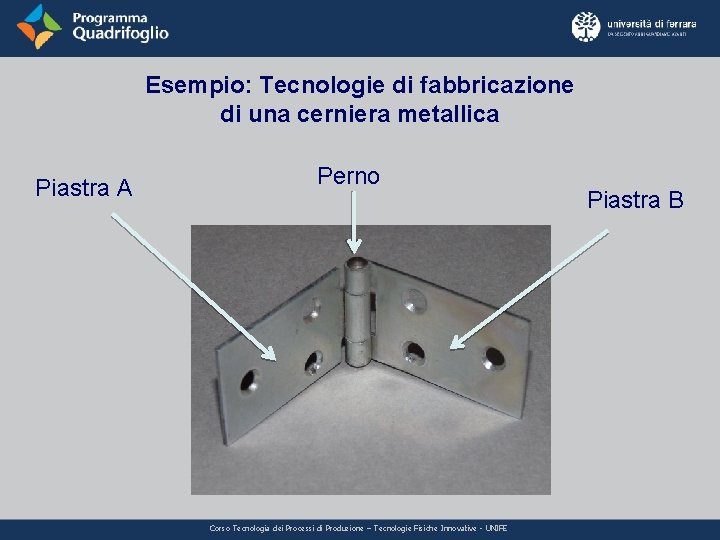 Esempio: Tecnologie di fabbricazione di una cerniera metallica Piastra A Perno Corso Tecnologia dei